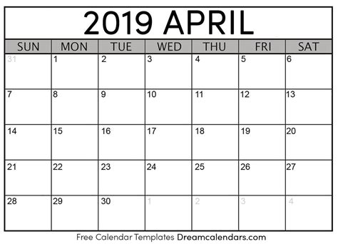 Apr 2019 Calendar